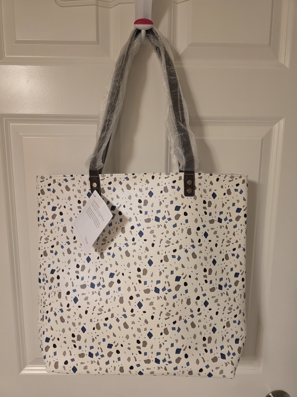 Versatile White Terrazzo Print Tote Bag with Blue and Gray Accents